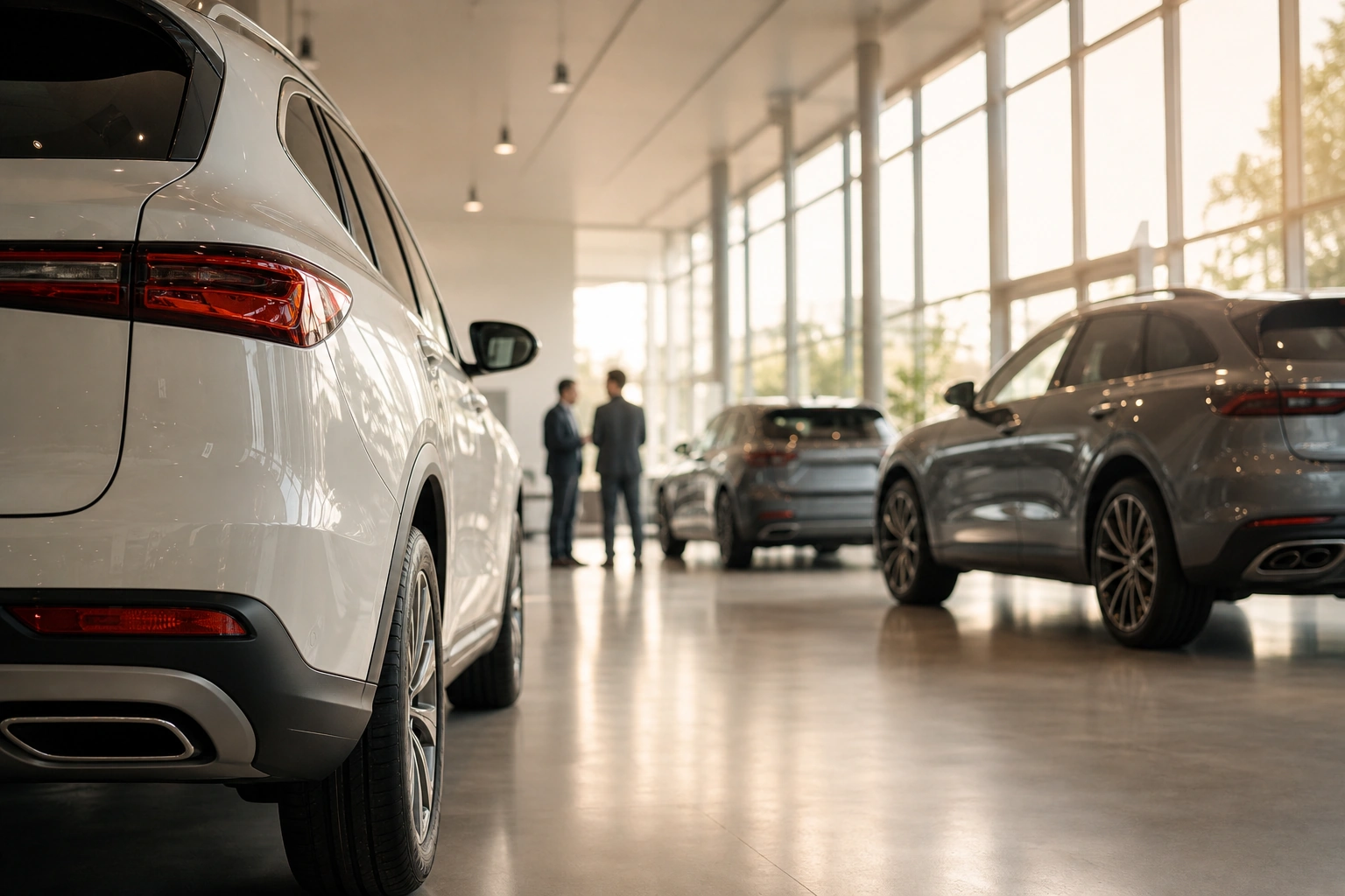 Showroom automobile moderne et lumineux, véhicules en arrière-plan flou