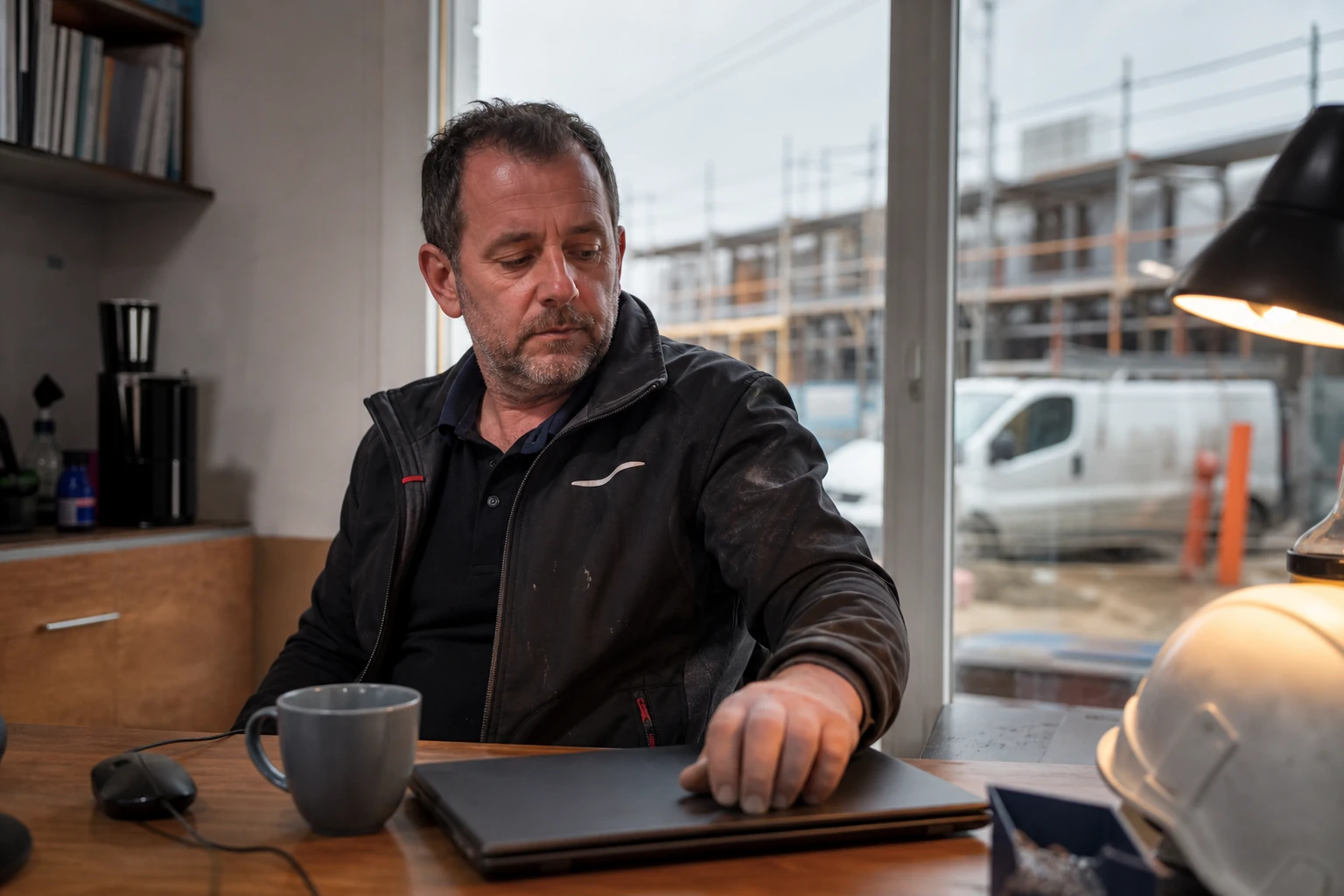 Dirigeant d'une entreprise du bâtiment dans son bureau, illustrant la production de contenu SEO à l'échelle pour le BTP augmentée par l'intelligence artificielle