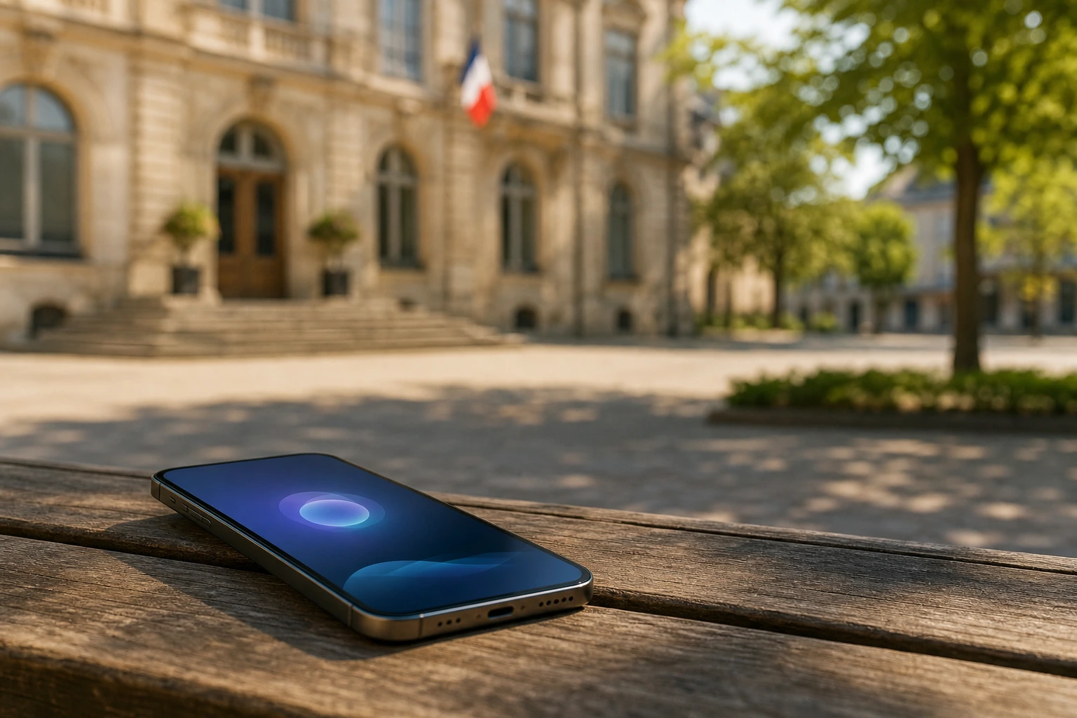 Façade d'une mairie française et smartphone affichant une interface conversationnelle d'assistant IA, évoquant un habitant qui interroge une IA sur un service public local