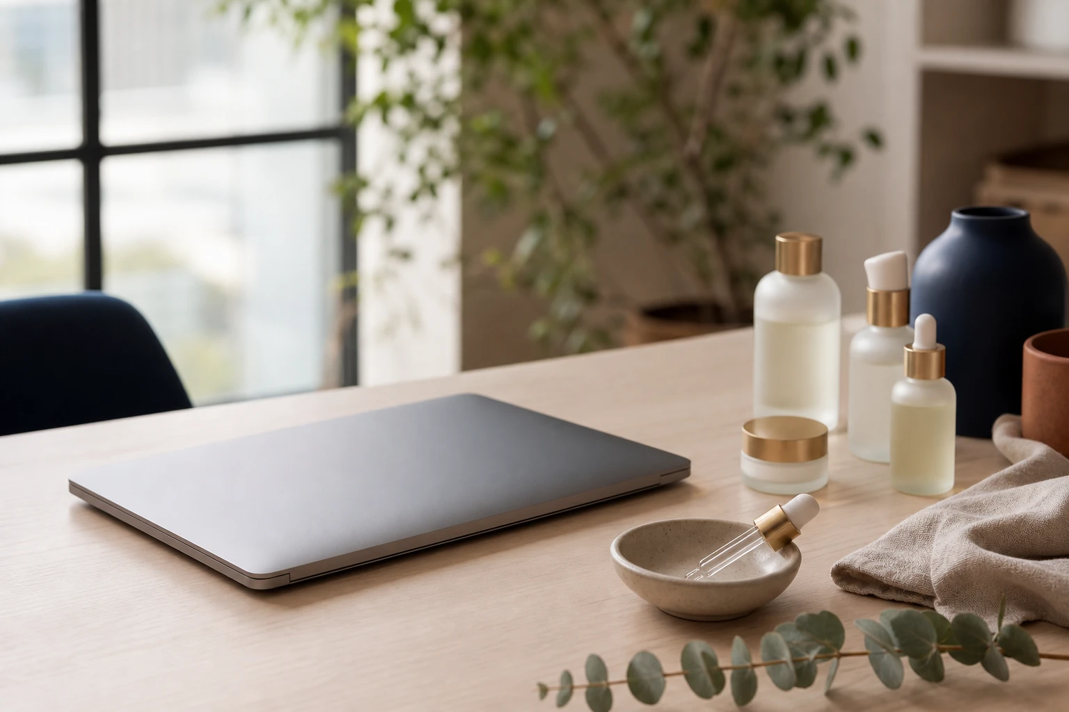 Plan de travail clair de marque de cosmétique avec des flacons de soin et un ordinateur portable, symbole de la rencontre entre la beauté et les technologies de recherche IA