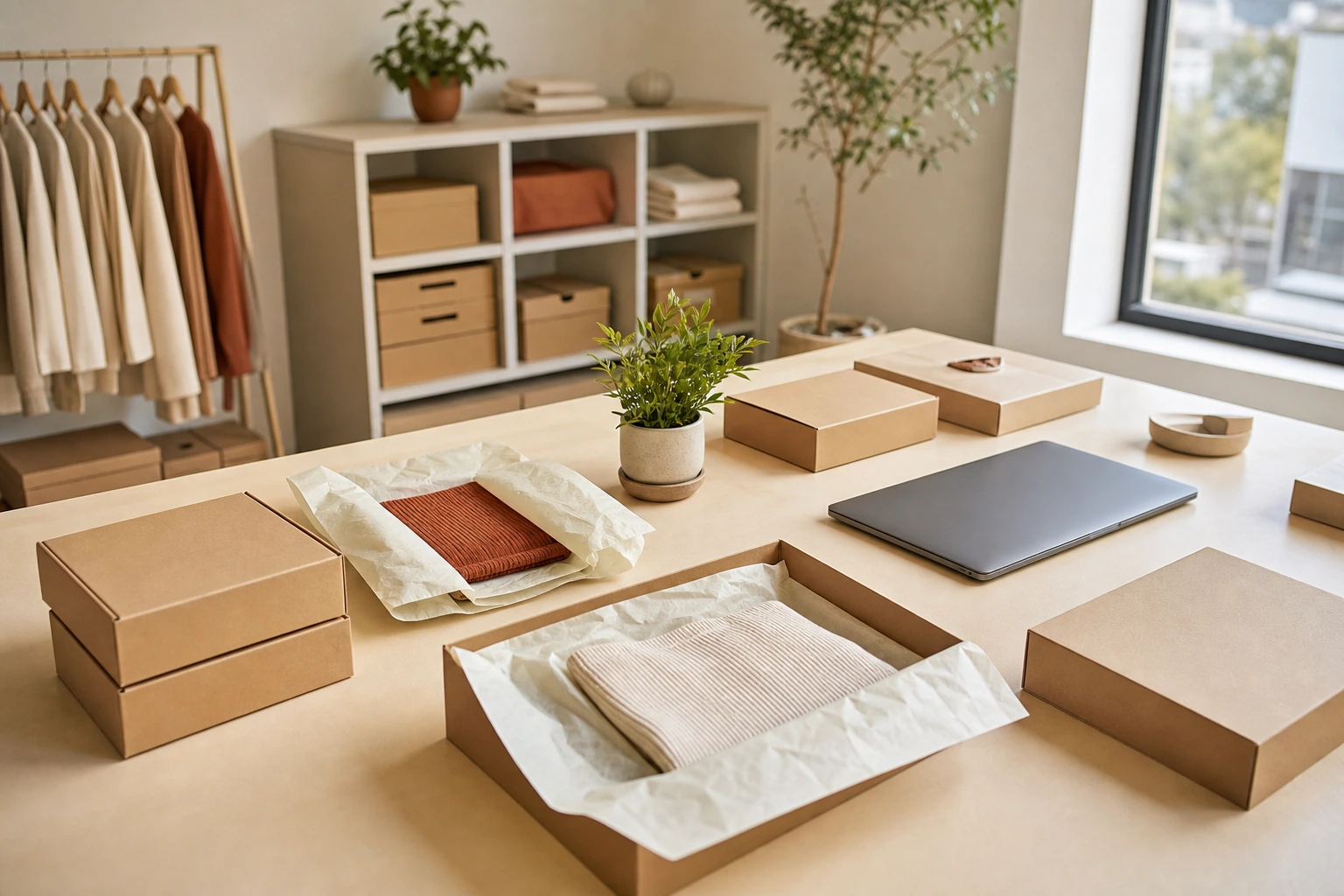 Atelier de préparation de commandes pour une boutique en ligne, colis soigneusement disposés sous une lumière douce