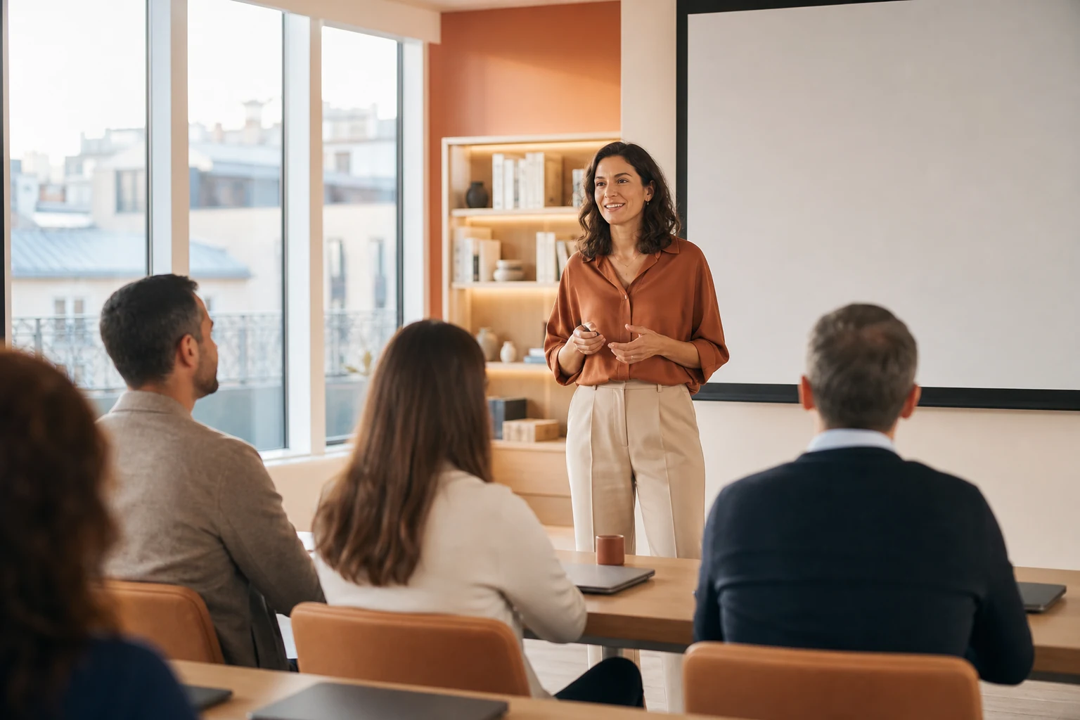 Salle de formation lumineuse avec un formateur et des apprenants attentifs, ambiance studieuse et professionnelle