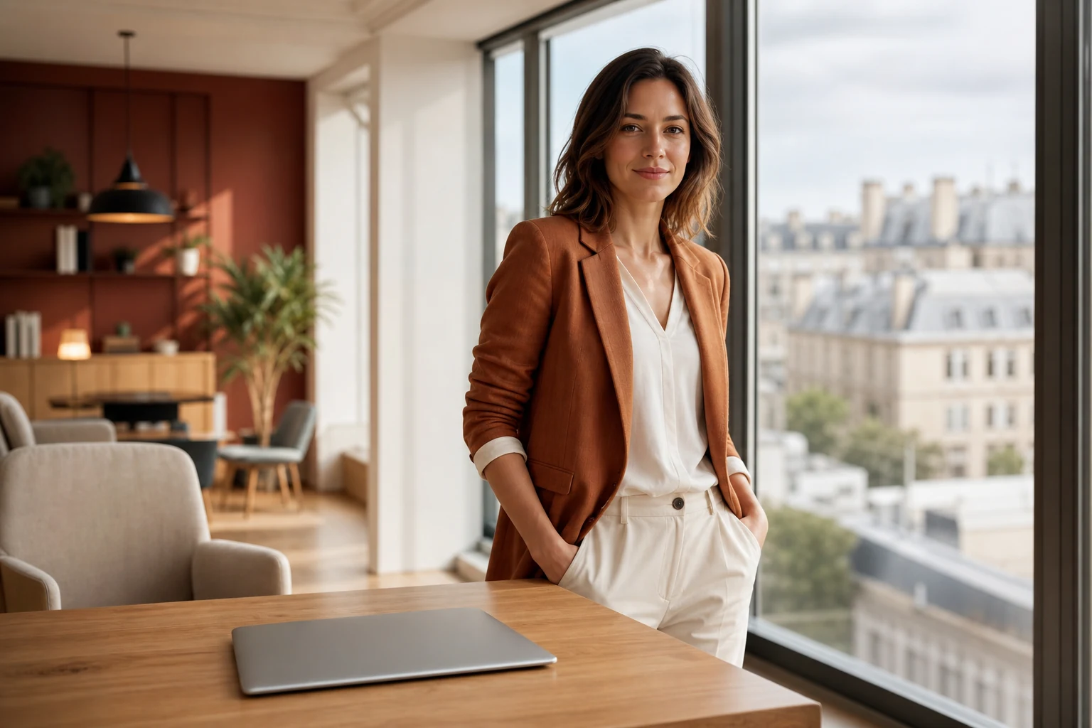 Professionnel de l'immobilier devant une fenêtre donnant sur un quartier résidentiel, pilotant une production de contenu SEO augmentée par l'intelligence artificielle