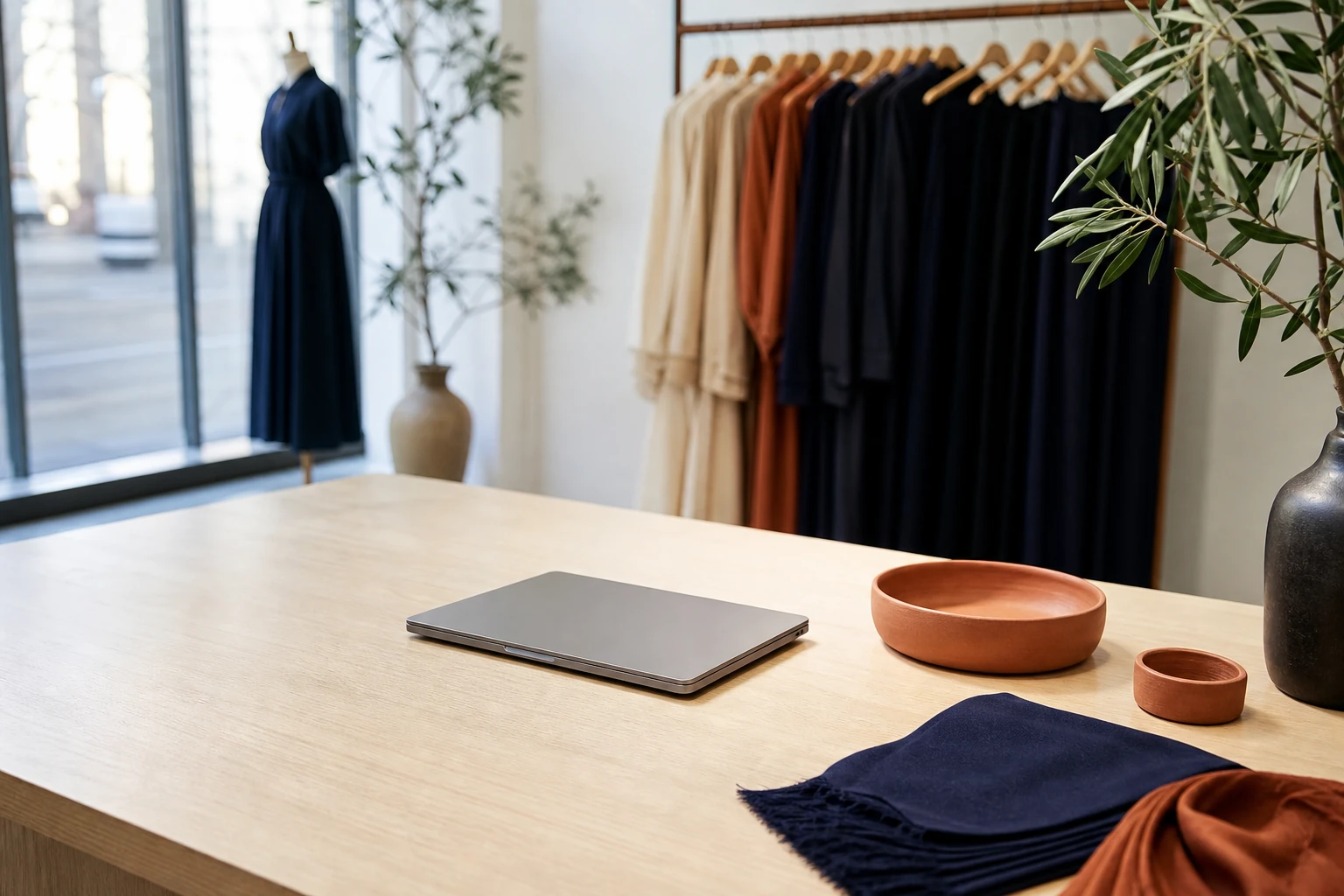 Atelier de mode lumineux avec un portant de vêtements et un ordinateur portable, symbole de l'artisanat textile rencontrant les technologies de recherche IA