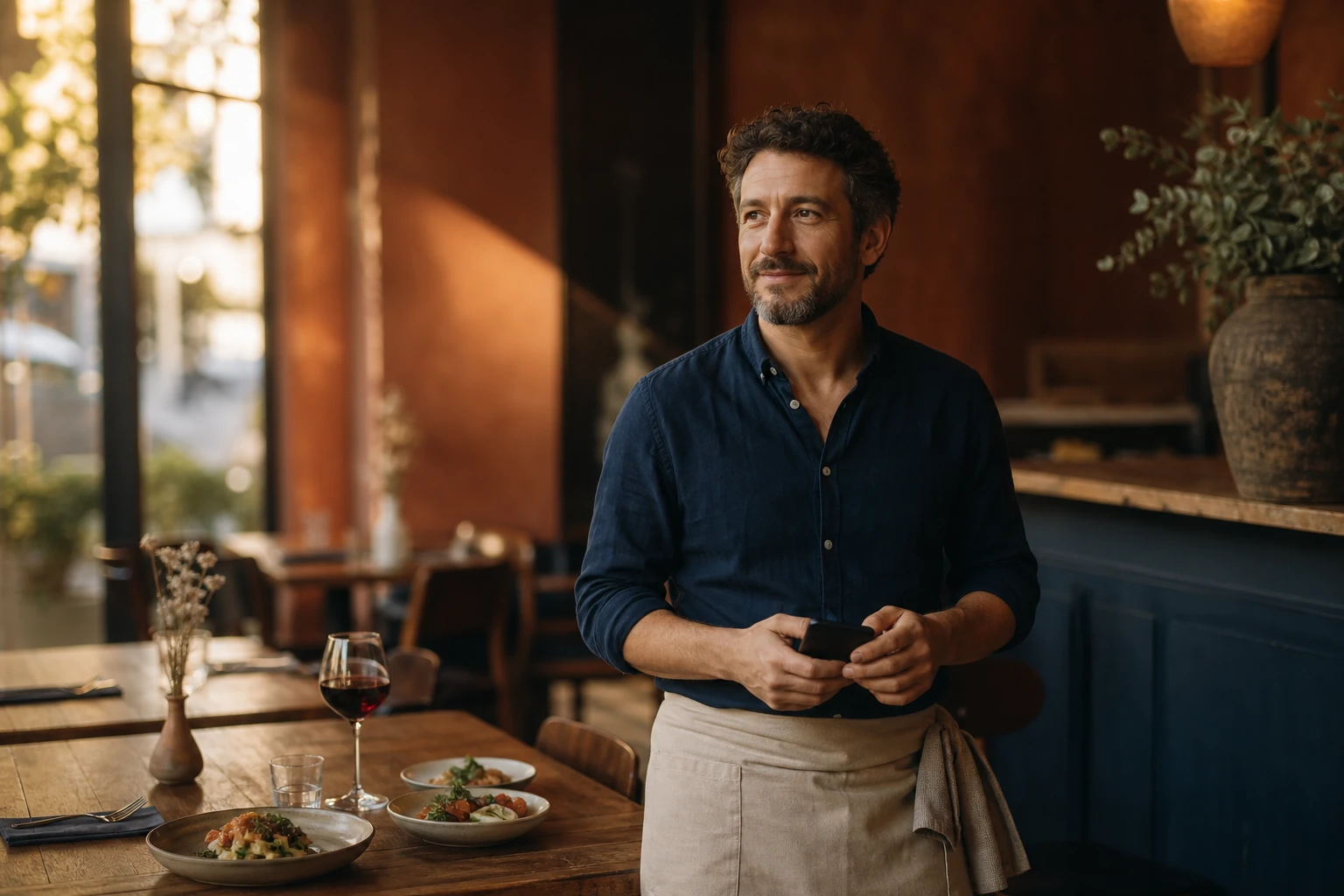 Restaurateur dans son établissement face aux recommandations d'un moteur IA pour trouver où manger